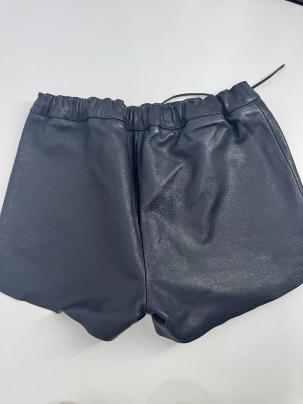 Ganni Navy Blue Leather Pull On Shorts Unfinished Hem Casual Mid Rise Size S - Picture 5 of 8